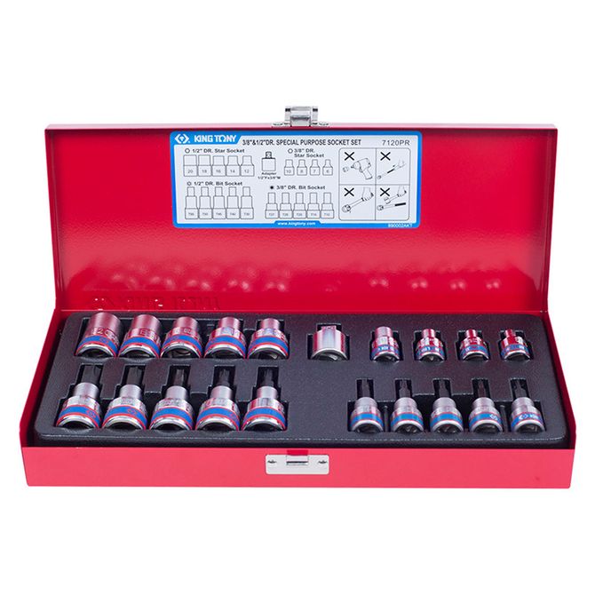 KING TONY (7120PR) Набор торцевых насадок и головок 1/2"&3/8", TORX, Е6-Е20, Т10-Т55, 20 предметов