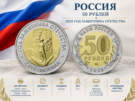Россия 50 рублей, 2025 Год Защитника Отечества UNC