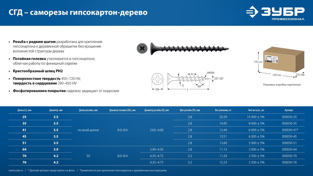 ЗУБР СГД 76 х 4.2 мм, саморез гипсокартон-дерево, фосфат., 12.23 кг (300030-76)