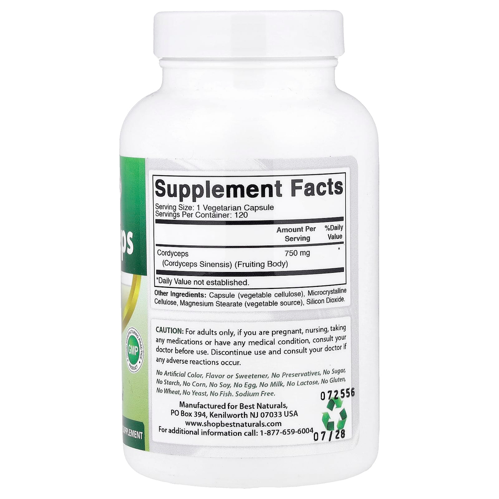 Best Naturals, Кордицепс, формула премиального качества, 750 мг, 120 вегетарианских капсул