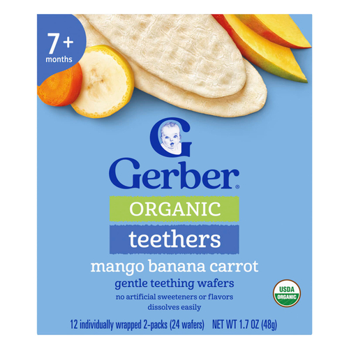 Gerber, органические прорезыватели, вафли для нежного прорезывания зубов, для детей от 7 месяцев, манго, банан и морковь, 12 пакетиков по 2 шт. в индивидуальной упаковке по 4 г (0,14 унции)