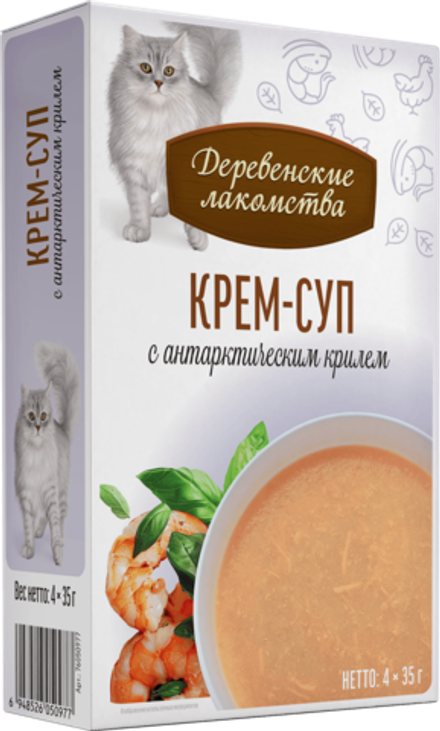 Деревенские лакомства консервы д/кошек «Крем-суп с антарктическим  крилем", пауч 35гр*4шт