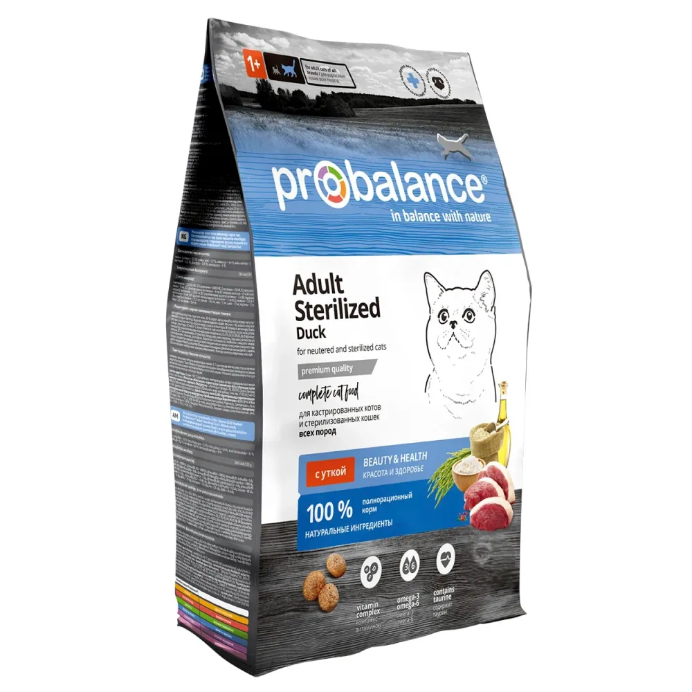 Сухой корм ProBalance Adult Sterilized Duck для кастрированных котов и стерилизованных кошек с уткой
