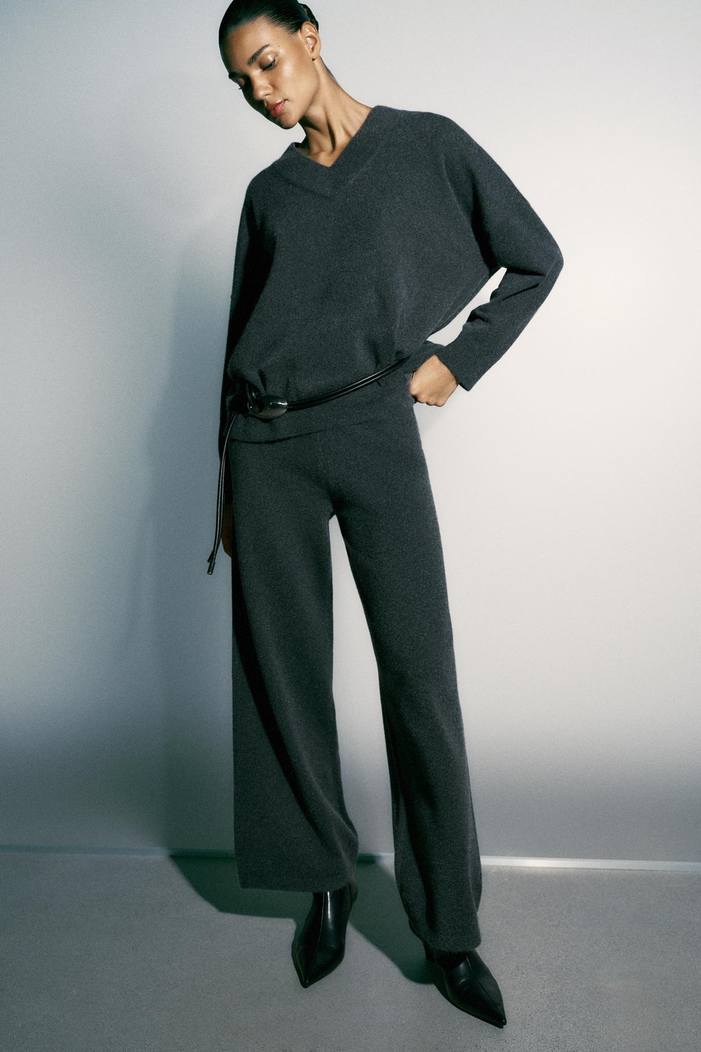 ZARA ШИРОКИЕ ТРИКОТАЖНЫЕ БРЮКИ, МЯГКИЙ СЕРЫЙ