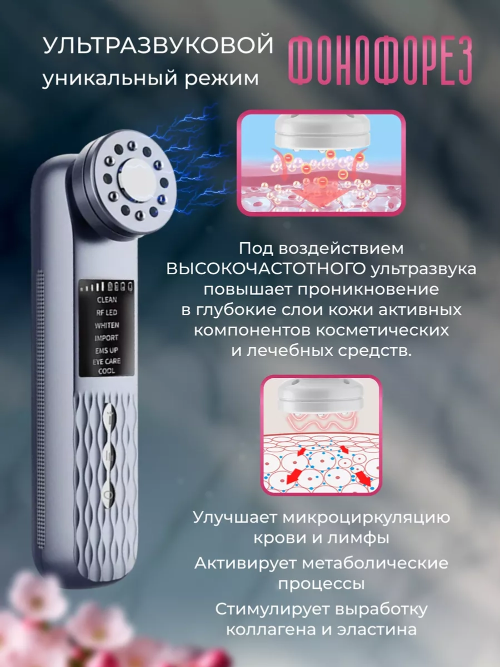 Микротоковый массажер для лица RF лифтинг Фонофорез EMS LED