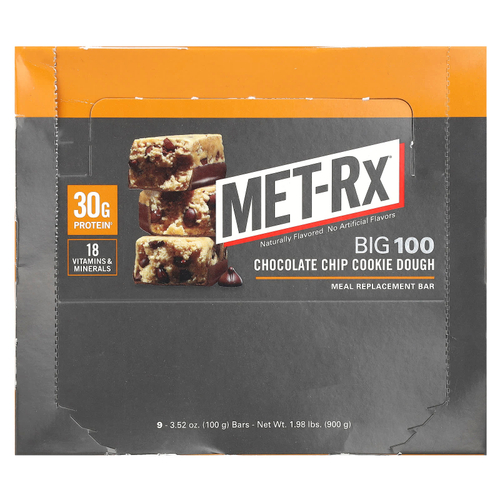 MET-Rx, Big 100, батончик, заменяющий прием пищи, со вкусом печенья с шоколадной крошкой, 9 батончиков по 100 г (3,52 унции)