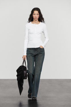 Massimo Dutti Футболка с воротником на пуговицах и длинными рукавами из 100% хлопка, белый