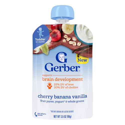 Gerber, Фруктовое пюре, йогурт и цельнозерновые, от 12 месяцев, вишня, банан и ваниль, 99 г (3,5 унции)
