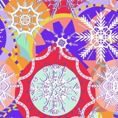 Белые снежинки на ярком разноцветном фоне