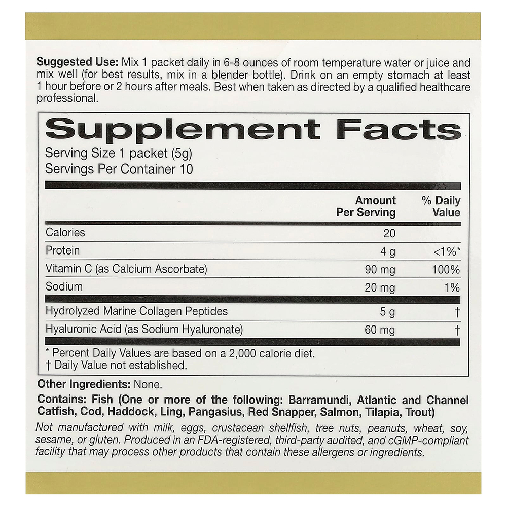 California Gold Nutrition, CollagenUP®, гидролизованные пептиды морского коллагена с гиалуроновой кислотой и витамином C, с нейтральным вкусом, 10 пакетиков по 5 г (0,18 унции)