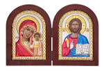 Складень, Спаситель, Казанская БМ, икона арочная, красное дерево, эмаль 140x200