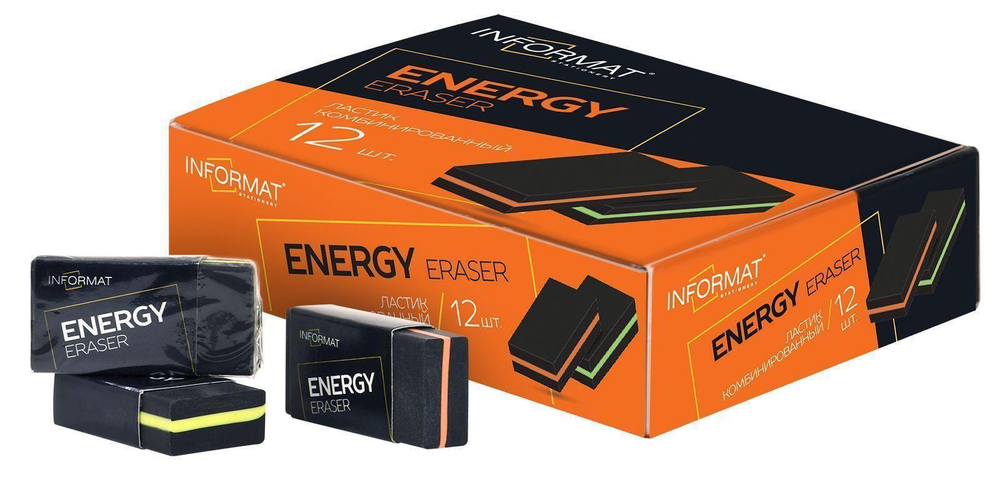 Ластик прямоуг. 40х20х10мм. "Energy" термопласт. резина черн. мягкий карт. держатель (INFORMAT)