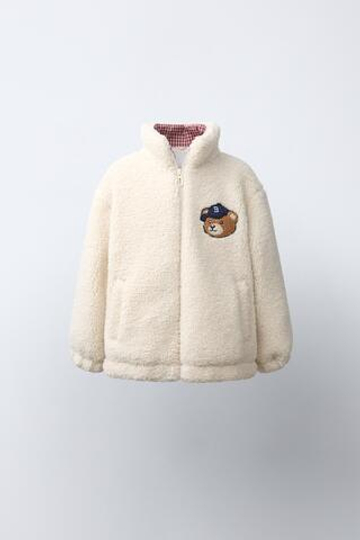ZARA КУРТКА ИЗ ИСКУССТВЕННОЙ ОВЧИНЫ С ВЫШИВКОЙ «МЕДВЕДЬ», ЭКРЮ