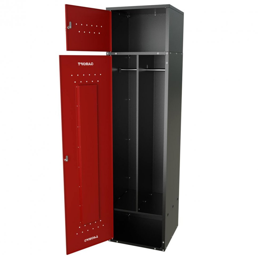 Шкаф для раздевалок GT205SHP.RED (500мм х 500мм х 1936мм) КРАСНЫЙ . Секция для обуви, двойная секция для курток с перекладиной под вешалки, верхняя антресоль с отдельным замком для головных уборов и сумок (2)