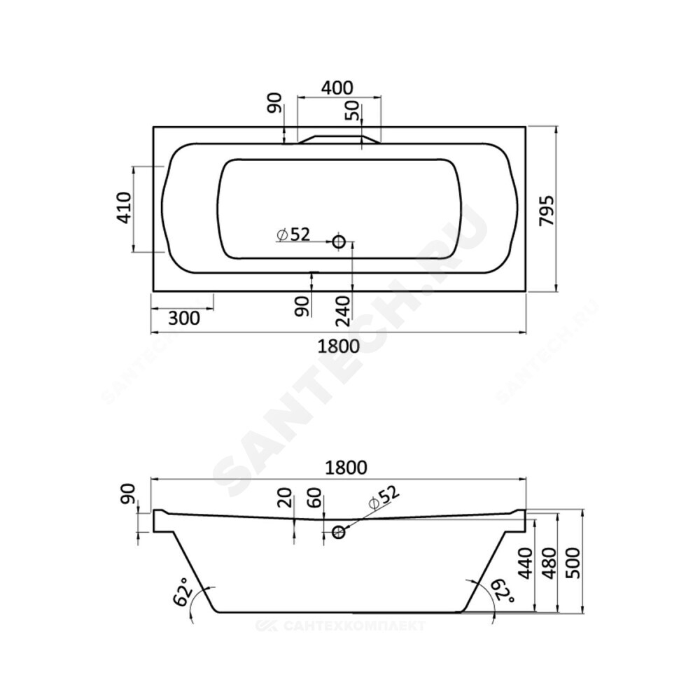 Ванна акриловая Корсика 180х80см без ножек Santek 1.WH11.1.981