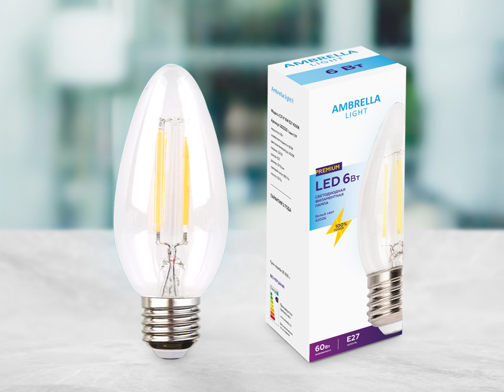 202220 Filament LED C37-F 6W E27 4200K (60W)