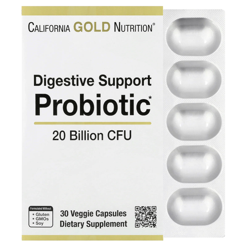California Gold Nutrition, пробиотики для поддержки пищеварения, смесь пробиотиков и пребиотиков с лактобактериями рамнозус GG, 20 млрд КОЕ, 30 растительных капсул