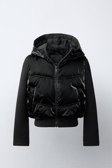 ZARA КОМБИНИРОВАННАЯ СТЕГАНАЯ КУРТКА С КАПЮШОНОМ, ЧЕРНЫЙ
