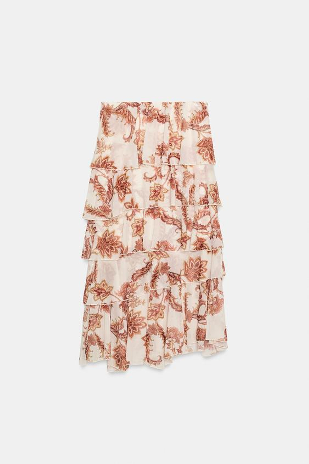ZARA ЮБКА С ПРИНТОМ И ВОЛАНАМИ, НЕЖНО-КОРИЧНЕВЫЙ