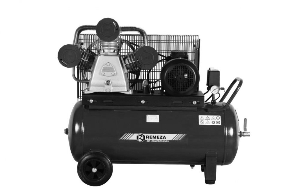 Компрессор поршневой 100.LB75 REMEZA (Белоруссия): 950 л/мин., 10 бар, ресивер 100 л., 5,5 кВт, 380В, габариты без упак. 1150x550x1150 мм, 143 кг.