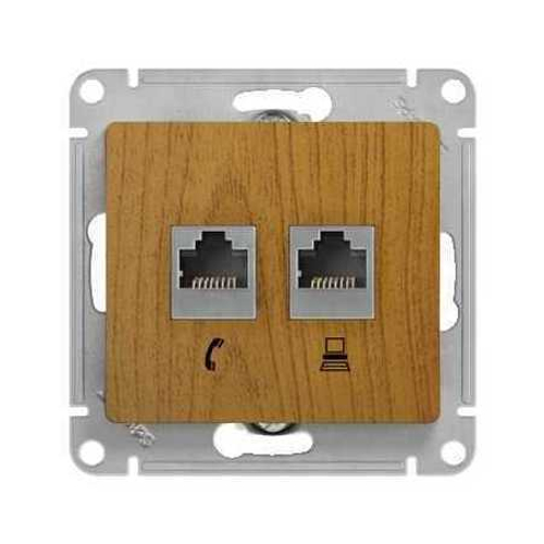 Schneider Electric Glossa Дерево Дуб Розетка 2-местная компьютерная RJ45+RJ45, категория 5E, механизм IP20 скрытая установка GSL000585KK