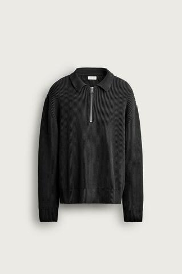 ZARA ТРИКОТАЖНОЕ ПОЛО С ВОРОТНИКОМ НА МОЛНИИ, ЧЕРНЫЙ