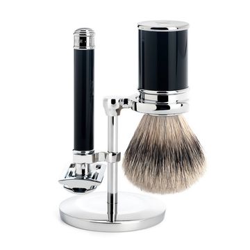 Бритвенный набор MUEHLE TRADITIONAL, черная смола, барсучий ворс высшей категории Silvertip, Т-образная бритва (станок)