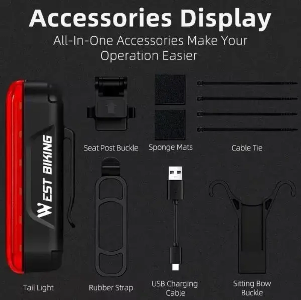 Фонарь велосипедный, задний West Biking YP0701363 (аккум. 450 mAh,USB)