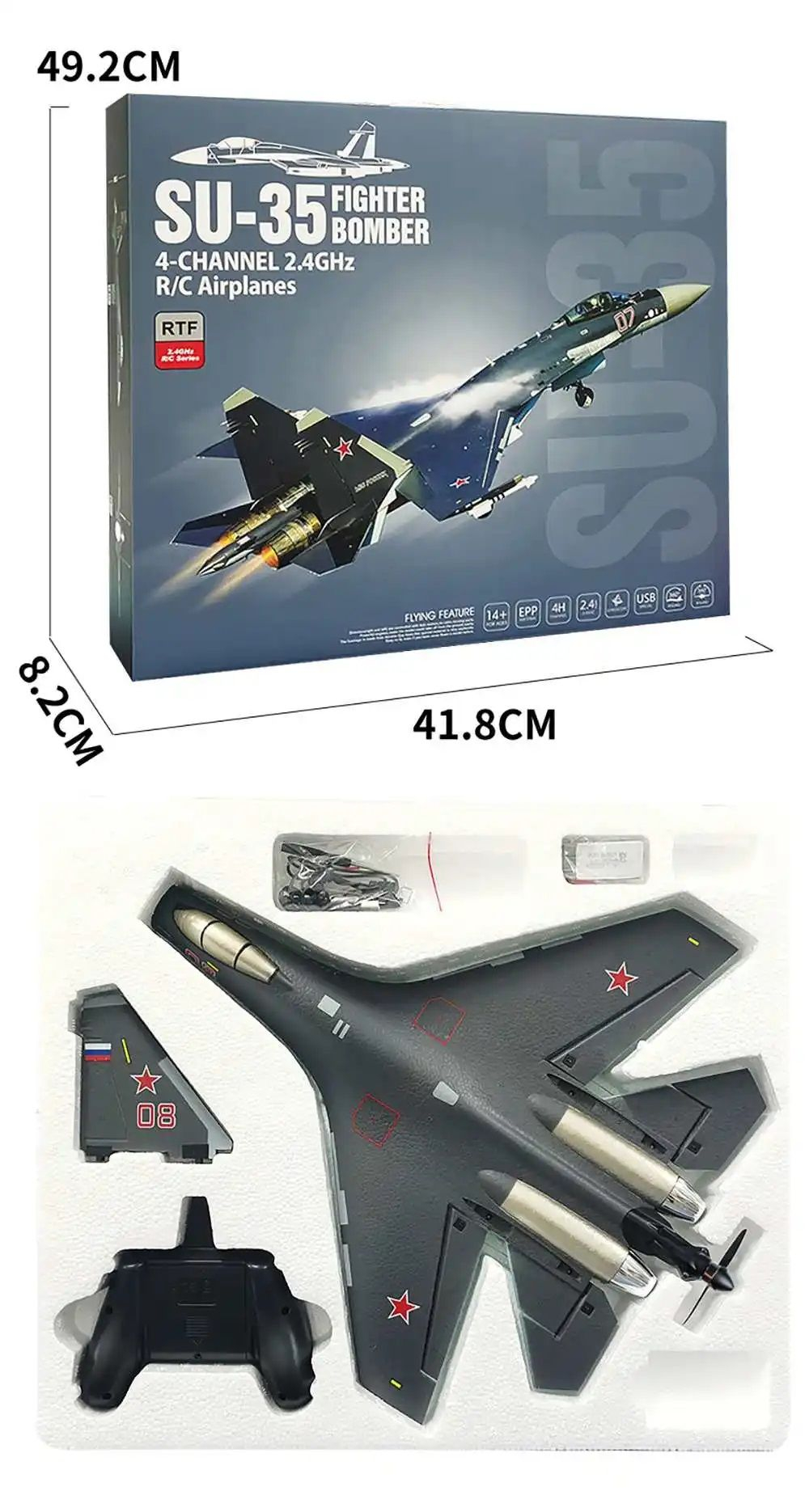 Радиоуправляемый самолет Su35 , Qf009 , бесколлекторный мотор , 2.4G , 6 осевой гироскоп ,подсветка мотора , размер 52см , Новинка 2024