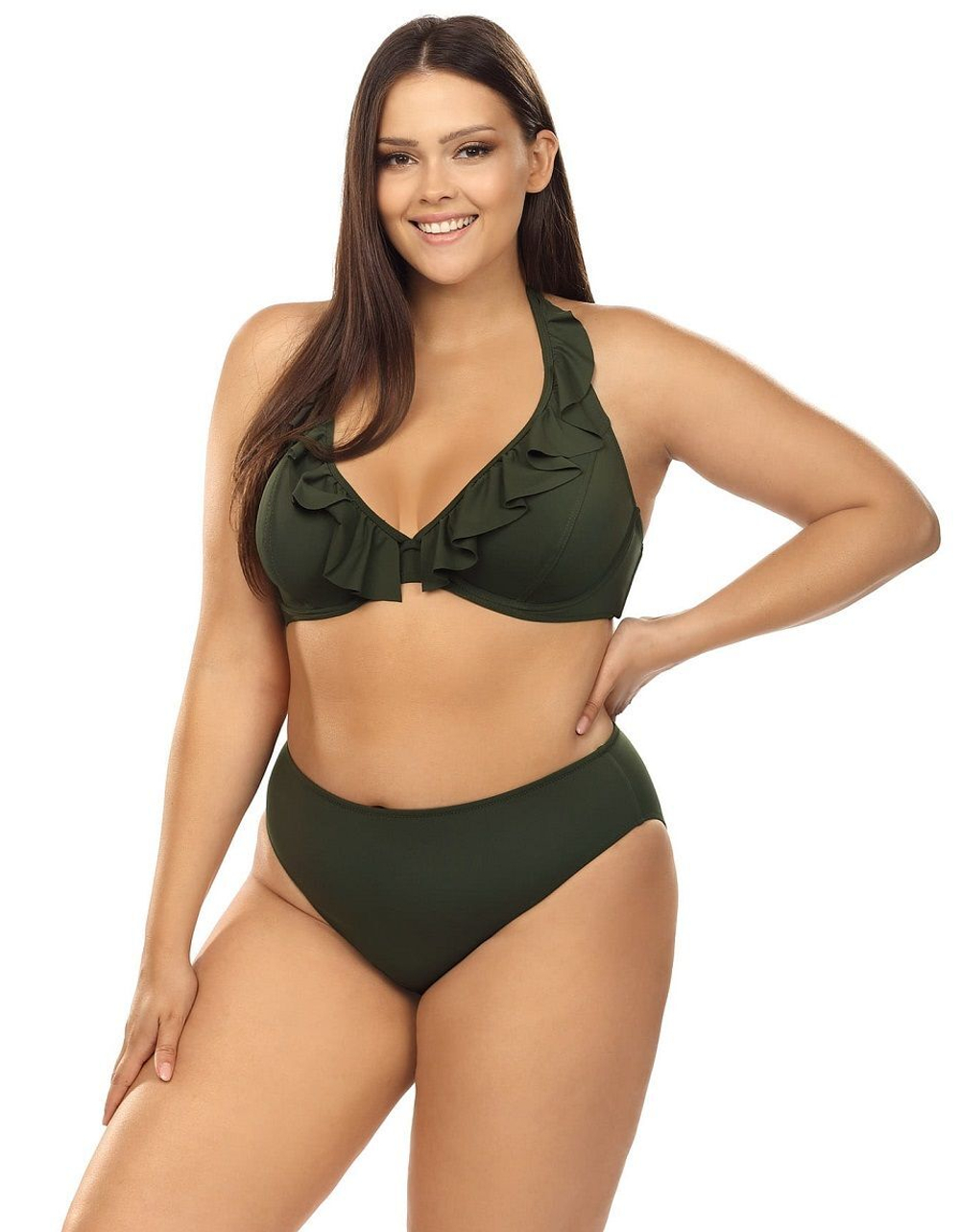 Игривый купальник plus size с оборкой на лифе (Размер: 100C/48) (Цвет: хаки)