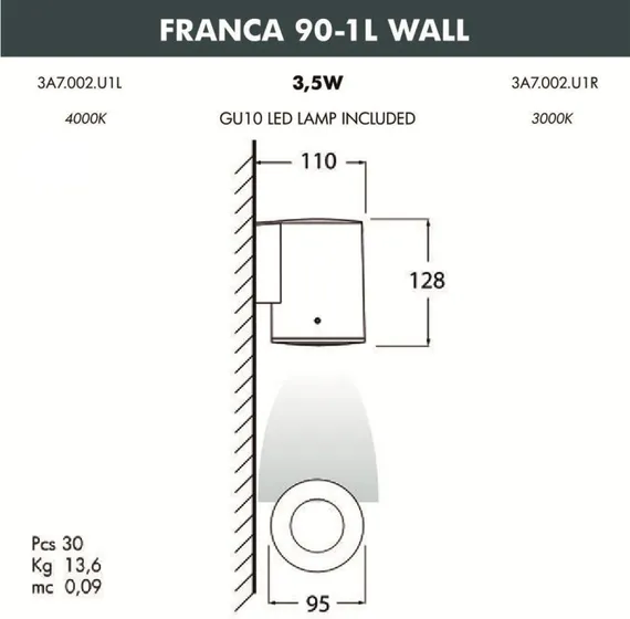 Архитектурная подсветка Franca 90 3A7.002.000.AXU1L Fumagalli