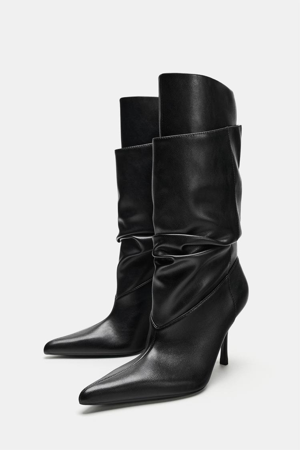 ZARA САПОГИ СО СБОРКОЙ НА КАБЛУКЕ, ЧЕРНЫЙ