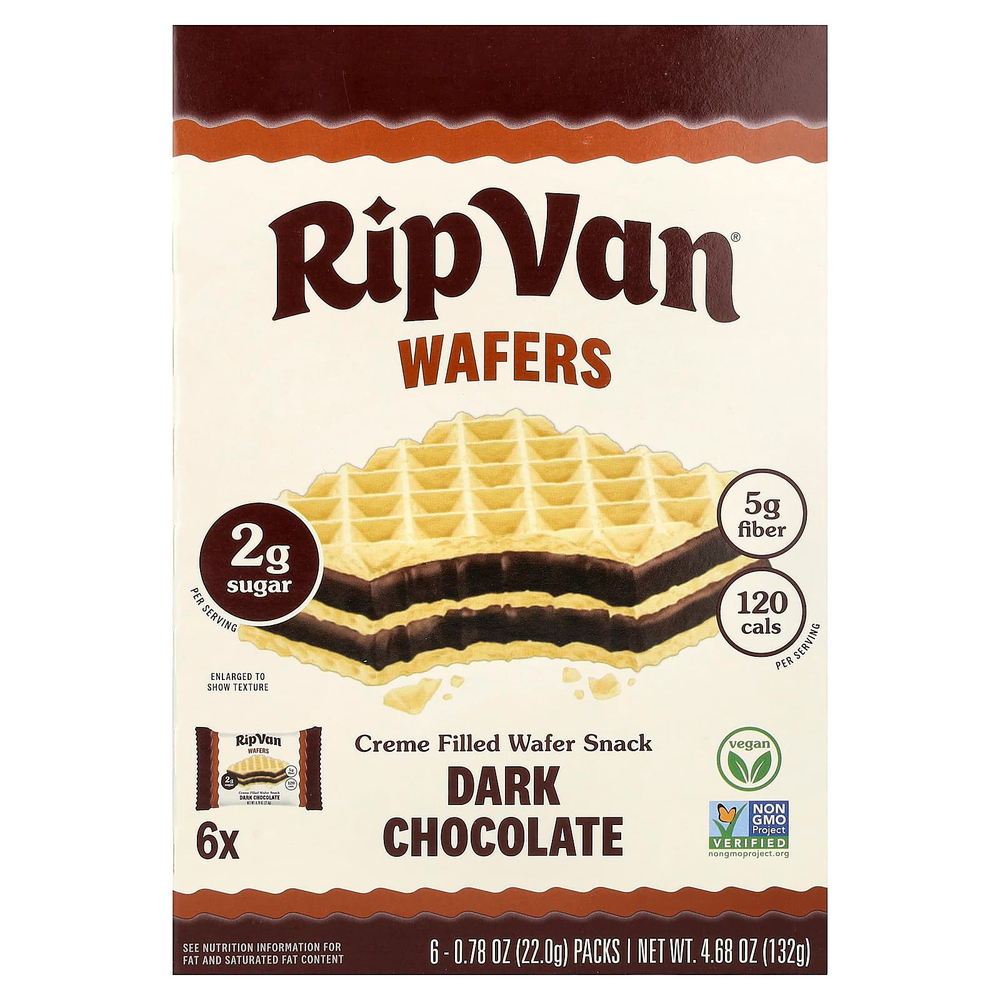 Rip Van Wafels, вафли с кремовой начинкой, темный шоколад, 6 упаковок по 22 г (0,78 унции)