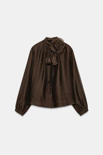 ZARA БЛУЗА С ЦВЕТКОМ И БАНТОМ, КОРИЧНЕВЫЙ