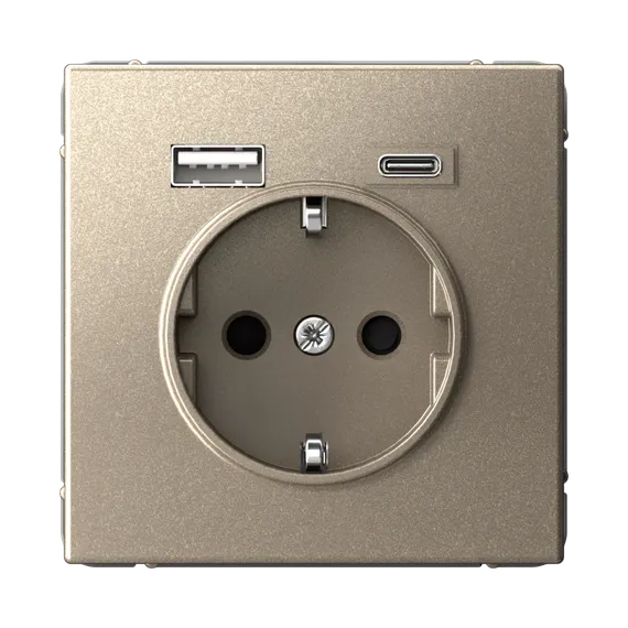 Розетка с USB A+C с заземлением и защитными шторками Systeme Electric ArtGallery Шампань GAL000532