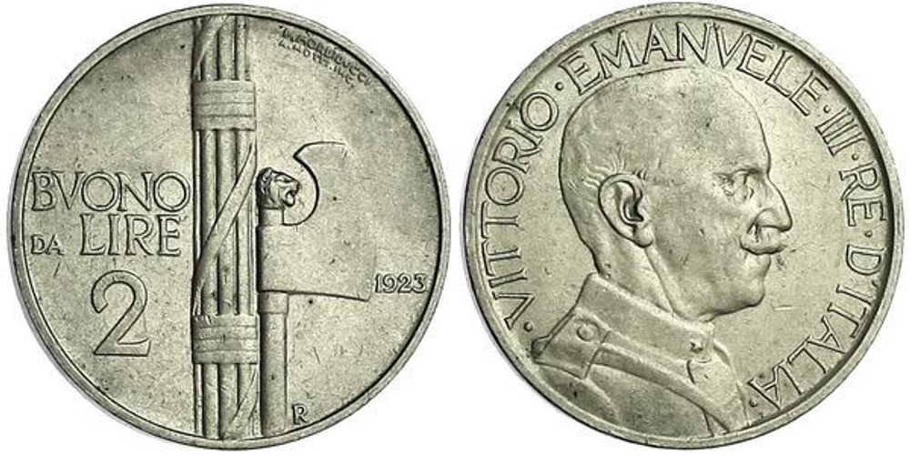 Италия 2 лиры, 1923 - 1927 Король Виктор Эммануил III XF