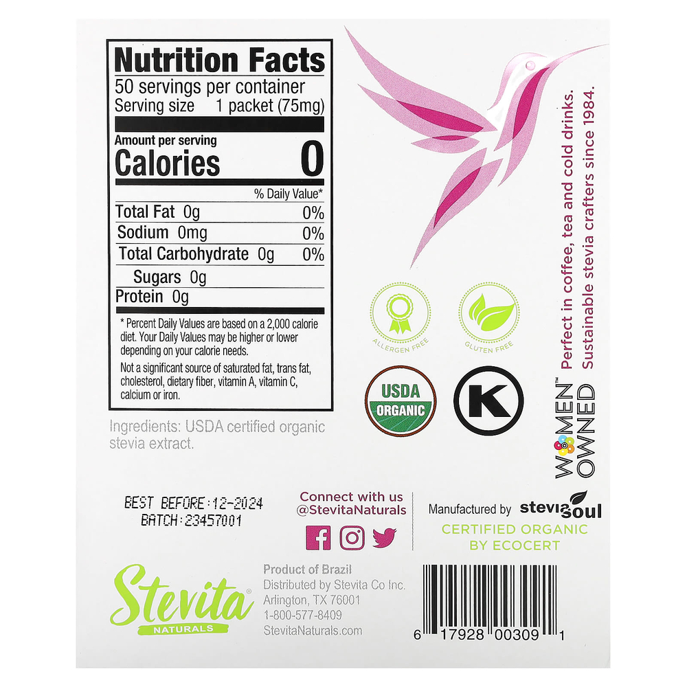 Stevita Naturals, Naturals, органическая стевия, экстрасладкая, 50 пакетиков, 3,75 г (0,13 унции)