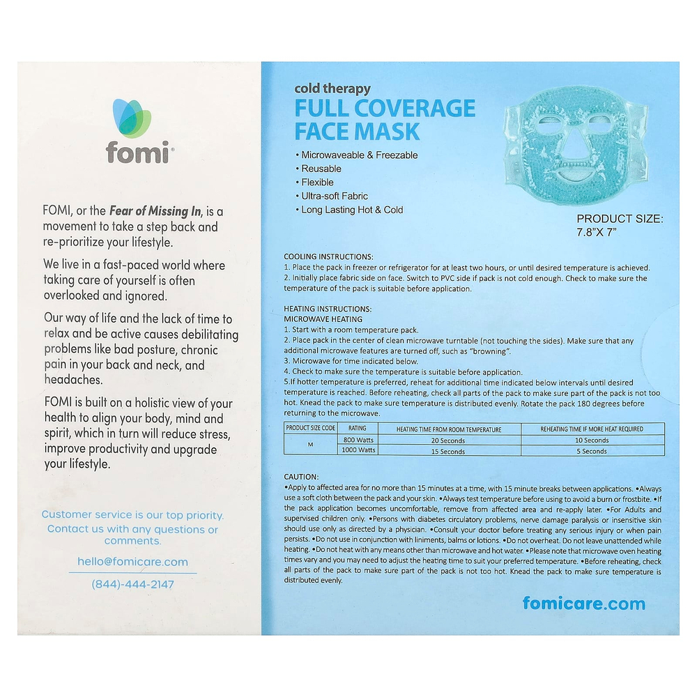 FOMI, Cold Therapy, маска для лица с полным покрытием, многоразовая, 1 шт.