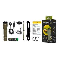 Тактический фонарь Armytek Dobermann Pro Magnet USB Olive XHP35 HI - комплектация, зарядное устройство, аккумулятор и коробка