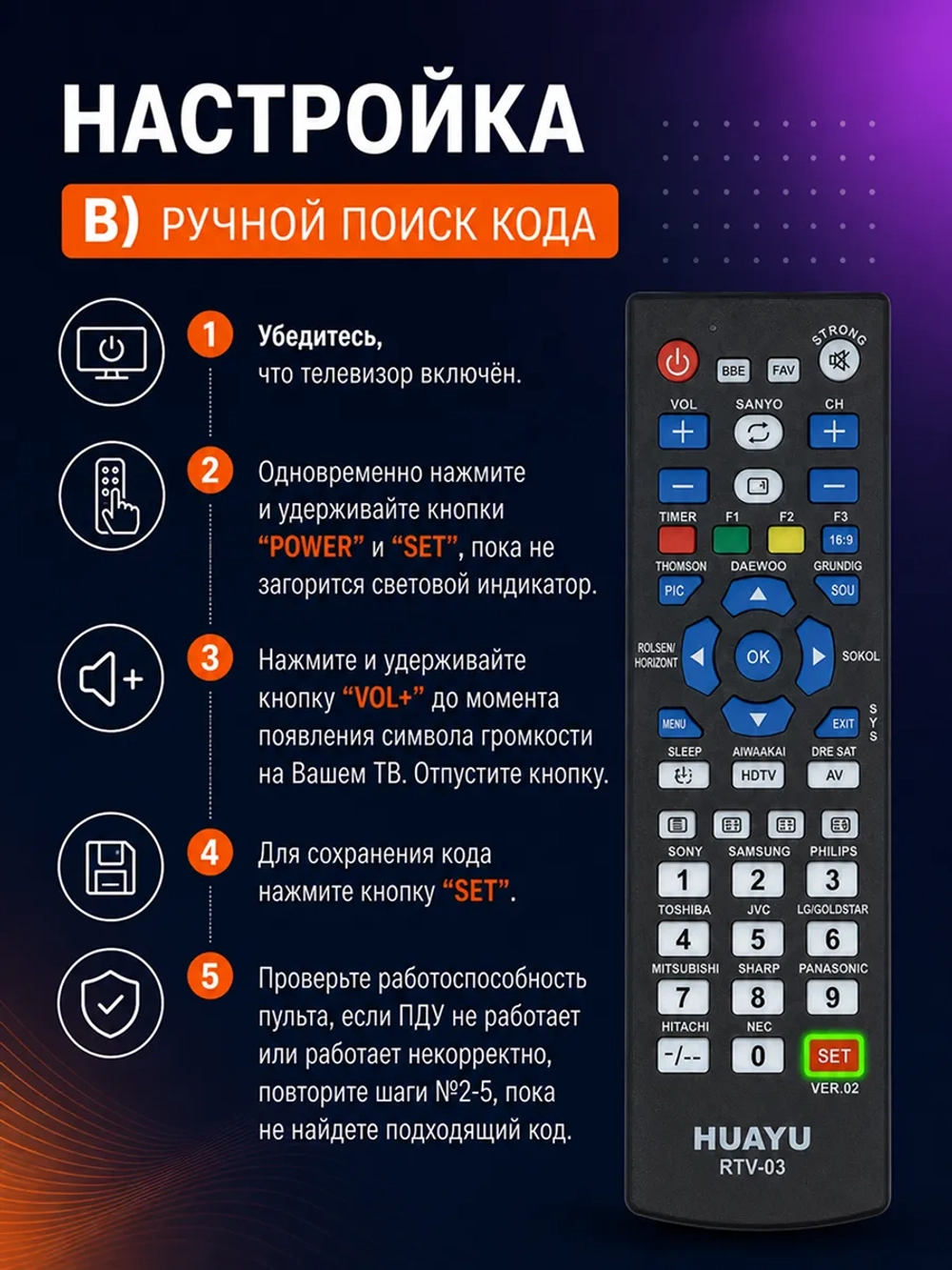 Универсальный многофункциональный пульт дистанционного управления RTV-03 VER.02 для Smart TV телевизоров LG, Samsung, Sony, Philips, Panasonic, Haier, TCL, BBK, Supra, Toshiba, Sharp, Hyundai, HUAYU PDUHRM1714 (RTV-03, HRM1714, RTV-03 VER.02)