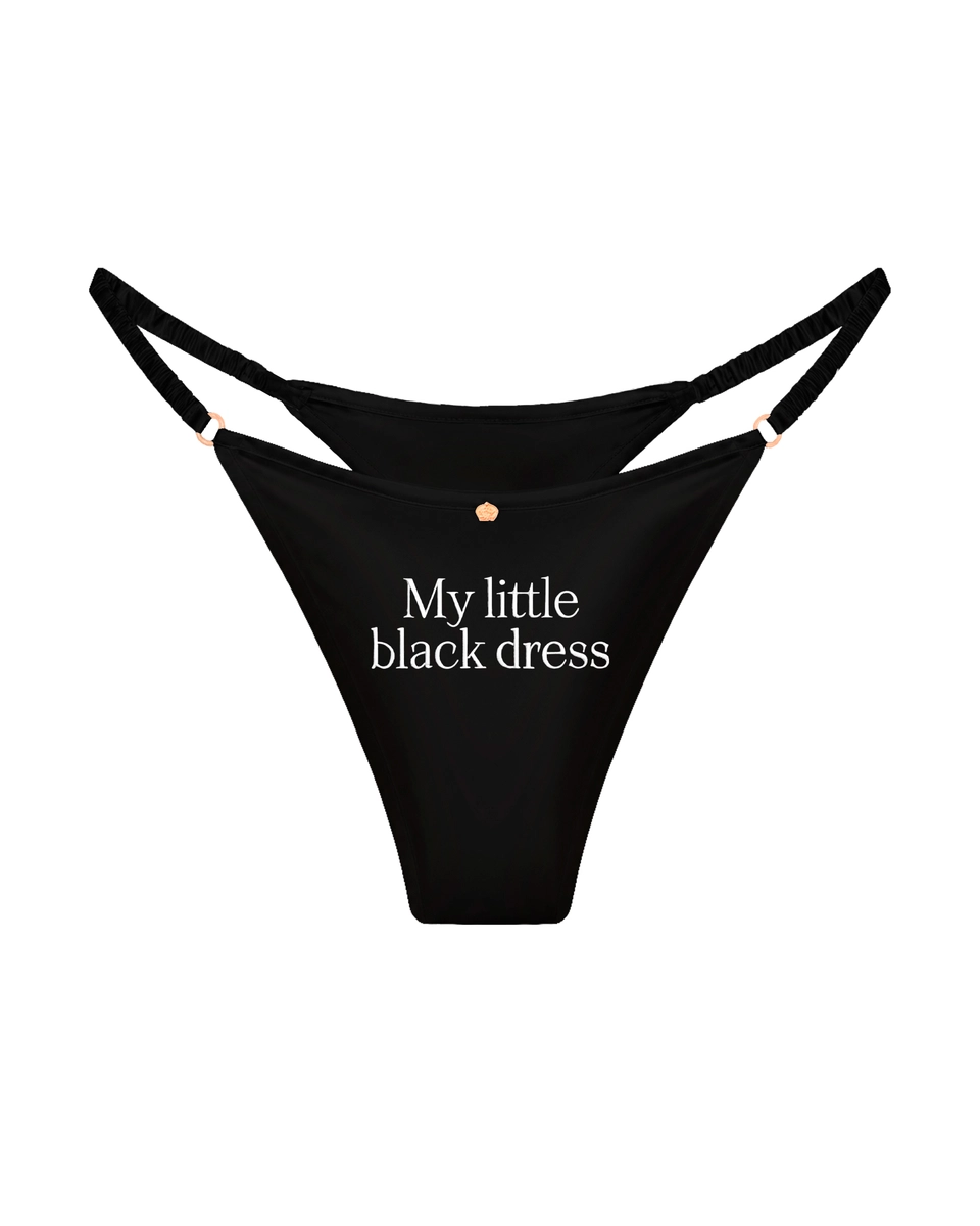 трусы стринги шелковые с надписью My little black dress черные