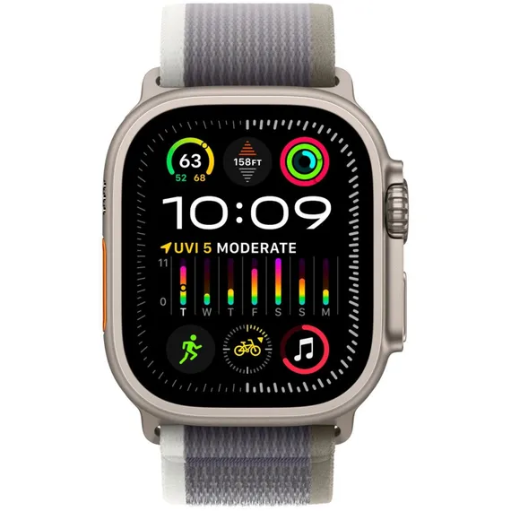 Часы Apple Watch Ultra 2, 2024, 49 мм, титан натурального цвета, ремешок Trail цвета «зелёный/серый»