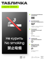 Табличка Не курить, на дверь и стену, информационная и мультиязычная (русский, английский, китайский), серия GLOBAL, 25х15 см, Айдентика Технолоджи