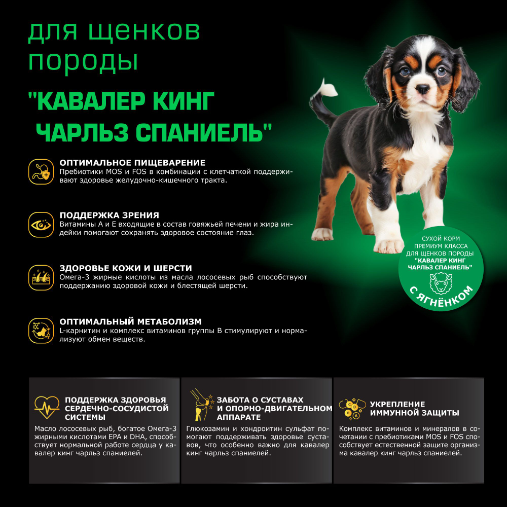Корм сухой для щенков породы Кавалер кинг чарльз спаниель, премиум полнорационный комплекс, с ягненком, 2,5 кг, QUATTRO