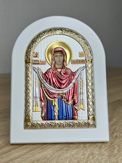 Покрова БМ, икона арочная, белое дерево, эмаль 86х112 — детальный вид