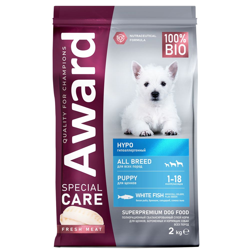 Сухой корм AWARD SPECIAL CARE HYPO PUPPY со свежей белой рыбой для щенков от 1 месяца беременных и кормящих собак всех пород склонных к аллергии 2кг Сухой корм AWARD SPECIAL CARE HYPO PUPPY со свежей белой рыбой для щенков от 1 месяца беременных и кормящих собак всех пород склонных к аллергии 2кг