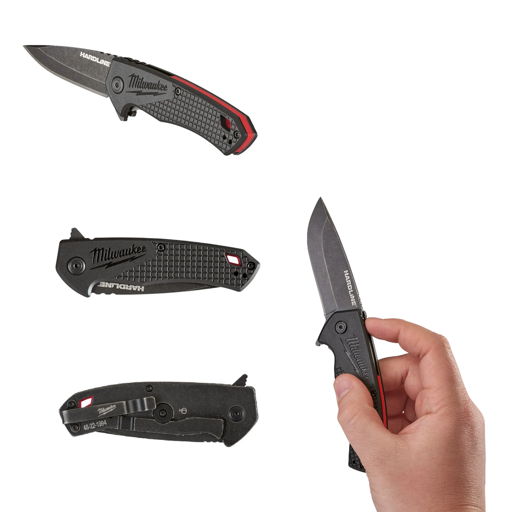 Нож складной выкидной с гладким лезвием MILWAUKEE HARDLINE FOLDING KNIFE SMOOTH, лезвие 64 мм D2 сталь 4932492452