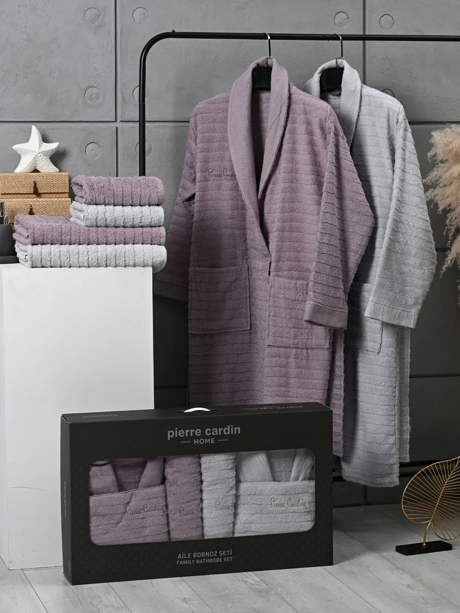 AST00049 PIERRE CARDIN HOME Набор 2 халата 2 полот. для лица 50х90 2 для тела 70х140 жаккард с логотипом лиловый-серый