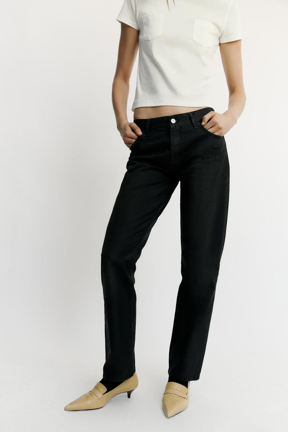 ZARA ВОЩЕНЫЕ ДЖИНСЫ TRF LOOSE STRAIGHT, ЧЕРНЫЙ