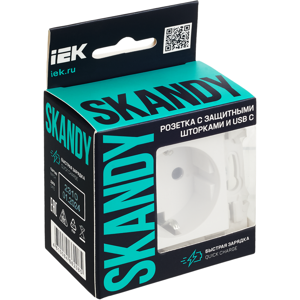 SKANDY Розетка с заземлением с защитными шторками 16А с USB C 18Вт SK-R17W арктический белый IEK